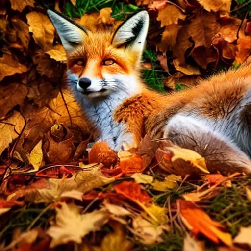 Prompt: a stunning close-up photo of a cute fox curled up on the forest floor lying on autumn leaves in a fall forest