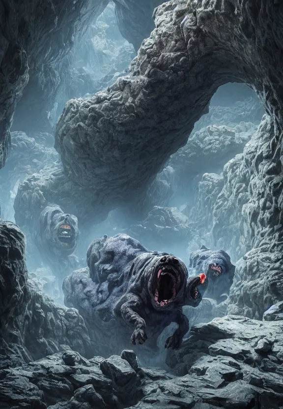 Image similar to three lovecraftian rabies mastiffs attacking inside a claustrophobic dark blue canyon of stone, foaming at the mouth, like ink in water, tapetum lucidum, monsters, digital art, greg rutkowski, junju ito, unreal engine, octane render, cinematic lighting, highly detailed