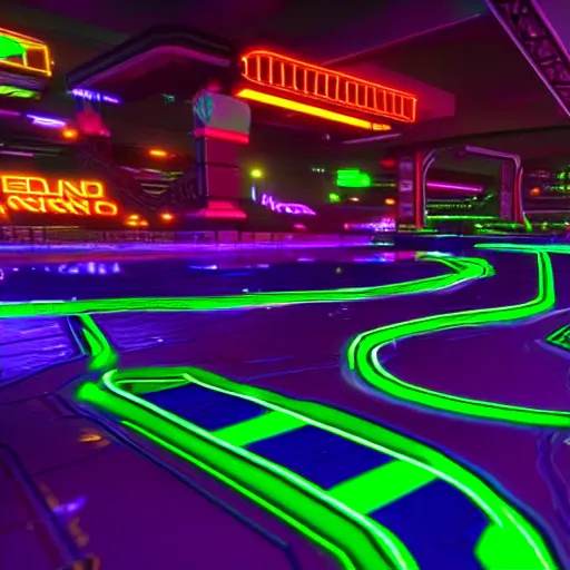 Image similar to a cyberpunk neon racing track in unreal engine, very high detailed, in a game, cinematic view