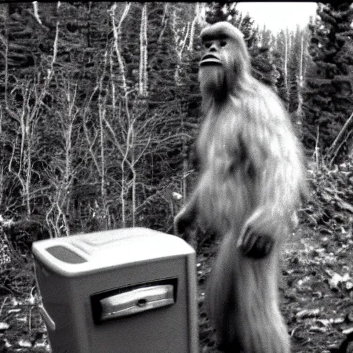 Image similar to a trailcam photo of a real life bigfoot, grainy, vintage, crt