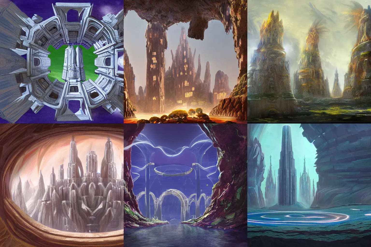 Prompt: A concept painting of a mystical floating city with towers and arches, the underside is rock with glowing marble veins, it is centered in frame above the ground, realistic