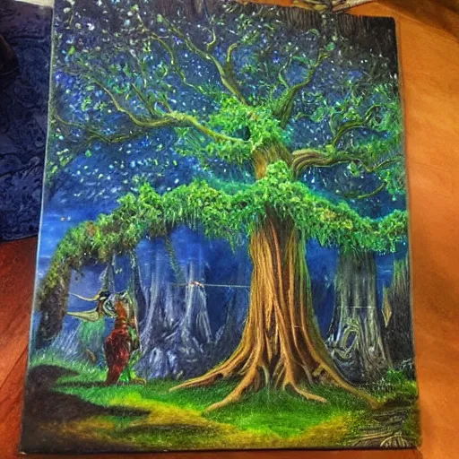 Prompt: A 100 year old ancient huge glowing tree, fantasy painting, lots of detail