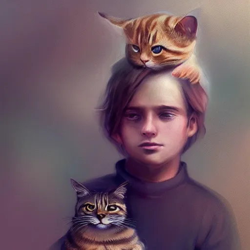 Image similar to head and shoulders masterpiece portrait of a boy looking at the camera, wearing, holding a tabby cat, surreal background, digital art by Krenz Cushart, trending on artstation, cgsociety,