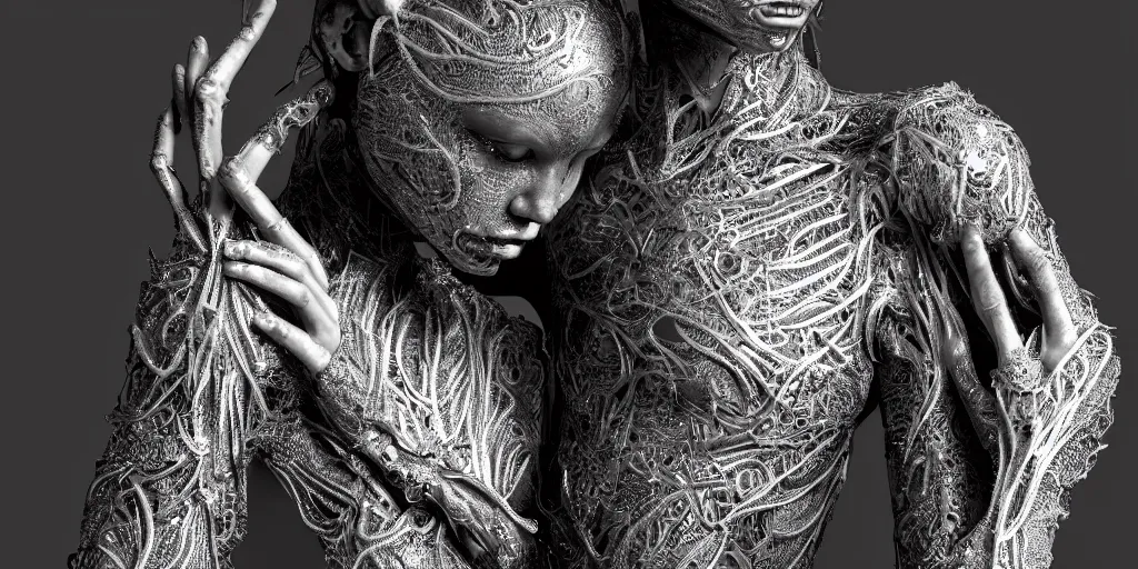 Prompt: hyper realistic photography of a beautiful cyborg androgynous humanoid, holding close, holding, affectionately, chrome finish intricate filigree, in the style of beth cavener, jin kagetsu, wlop, highly detailed, symmetry, masterpiece, concept art, ringflash, highkey lighting, ambient lighting, octane render, 8 k, artstation