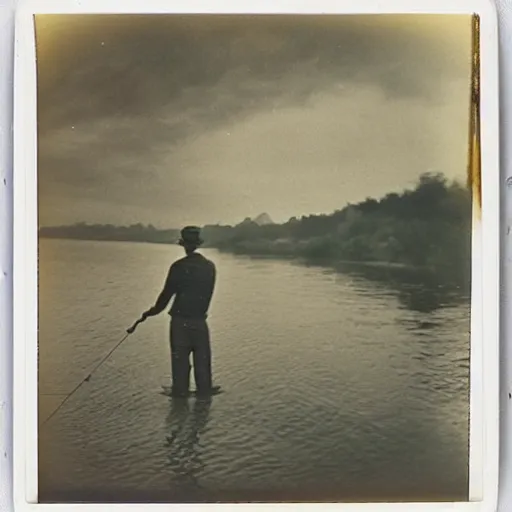Image similar to a very beautiful old polaroid picture of a young men fishing, award winning photography