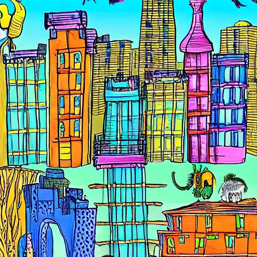 Image similar to colorful city with towers, bridges, stairs, inhabited by creatures, by dr seuss