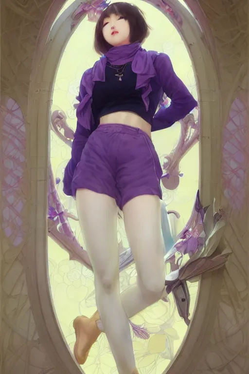 Prompt: Full View of Eunha from Viviz and gFriend with short hair wearing a purple military uniform and puffy silk shorts, white leggings, Golden Ribbon, and a billowy scarf. masterpiece 4k digital illustration by Ruan Jia and Mandy Jurgens and Artgerm and greg rutkowski and WLOP, award winning, Artstation, art nouveau aesthetic, Alphonse Mucha background, intricate details, realistic, panoramic view, Hyperdetailed, 8k resolution, intricate art nouveau