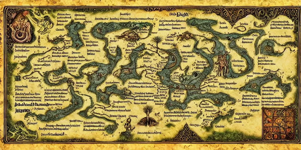 Prompt: insane ancient mystical instructional maps, elven secrets, full color,