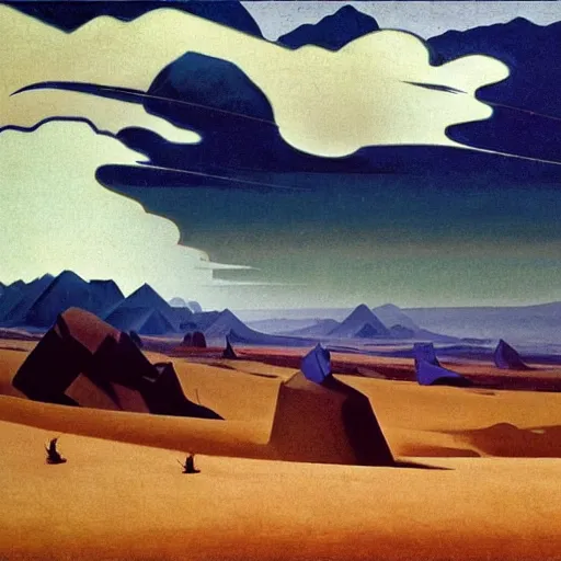 Image similar to a oil painting of a battlefield in a desertic landscape surrounded by mountain, stylised storm, by nicholas roerich, by frank frazetta by georgia o keeffe by frederick william elwell, by hans emmenegger, by eyvind earle highly detailed, realistic, outline, line work, fantasy, oriental, stylised flat colors, animation