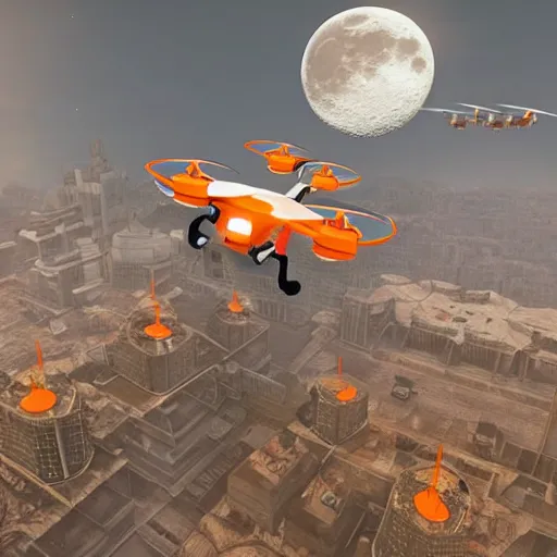 Image similar to an orange white quadcopters flies among big buildings, moon colonial station, photorealistic, 2 0 2 2