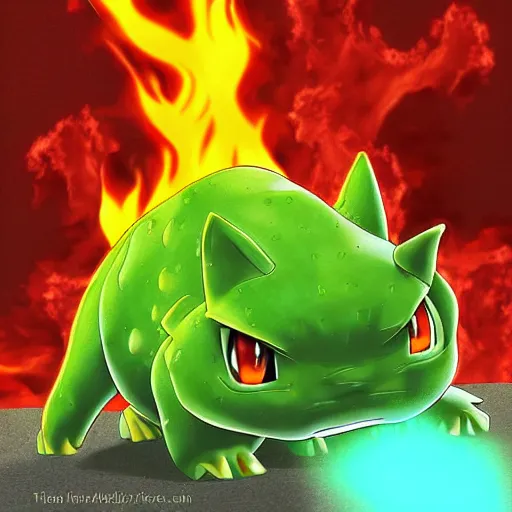 Prompt: a bulbasaur with fire powers, digital art, realistic,lava background