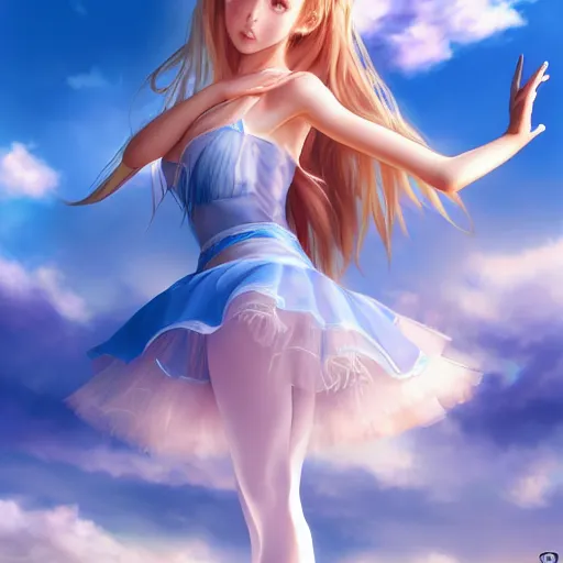 Image similar to a very beautiful young mature anime ballet girl, full body, long wavy blond hair, sky blue eyes, full round face, short smile, bikini, miniskirt, highly detailed, cinematic wallpaper by stanley artgerm lau
