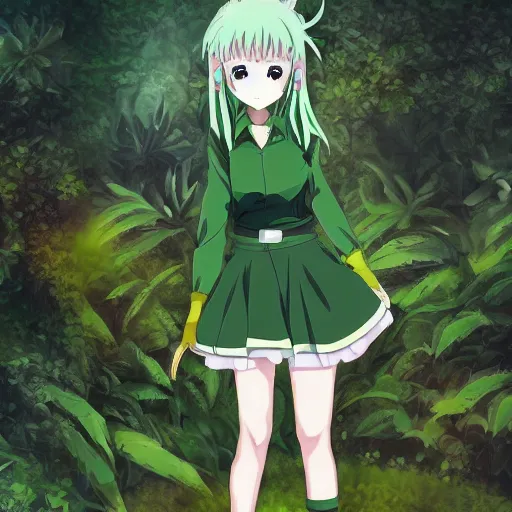 Image similar to A anime character with green clothes with leaves and plant exploring the world , Digital art, anime style, cinematic, Amazing pose,