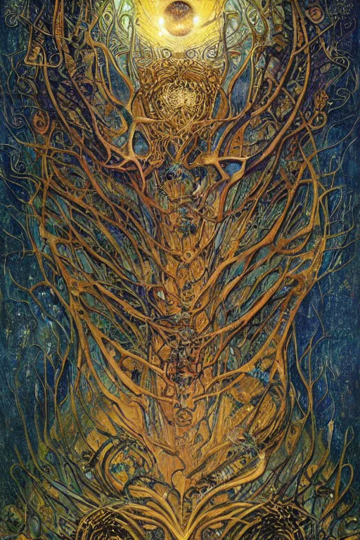Prompt: Heart of Thorns by Karol Bak, Jean Deville, Gustav Klimt, and Vincent Van Gogh, otherworldly, fractal structures, arcane, prophecy, ornate gilded medieval icon, third eye, spirals