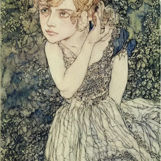 Prompt: a detailed, intricate watercolor and ink portrait illustration with fine lines of young 1 4 year old scarlett johannson in a dress, by arthur rackham and edmund dulac