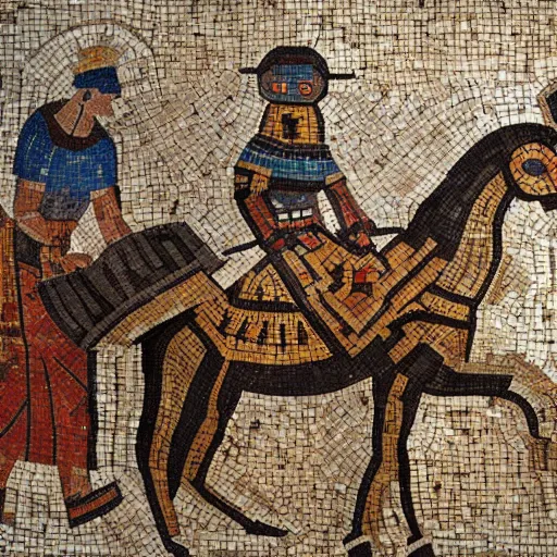 Prompt: roman mosaic of a pack mule and a robot, beautiful, highly detailed, 8k