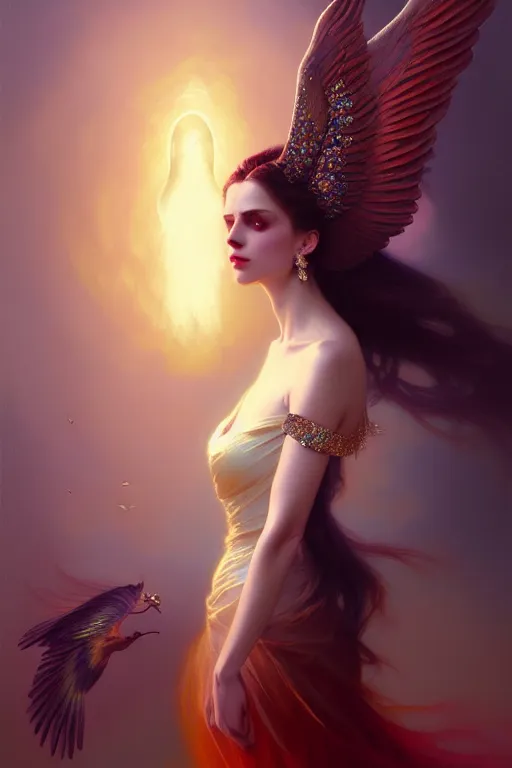 Prompt: beautiful portrait oil painting, ombre velvet gown, beautiful elegant bird woman with wings, portrait, dramatic light on face, long hair, tiara, dozens of jeweled necklaces, by greg rutkowski, brom, anato finnstark, alphonse mucha, oil painting, highly detailed, cinematic lighting, unreal,