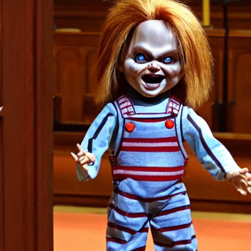 Image similar to chucky the killer doll standing in a church