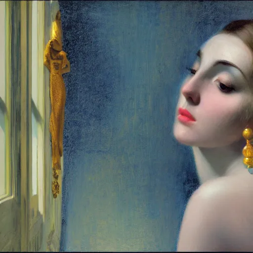 Prompt: !dream a beautiful girl's face made of ivory and gold filigree, ancient film still by edward hopper, by Bosch, by klimt, art noveau, highly detailed, strong lights, liminal, eerie, Bright pastel colors, octane render, 8k,