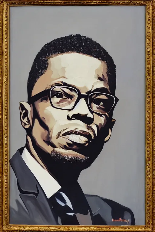 Prompt: Malcolm x, portrait by Kehinde Wiley!!, oil paint on canvas, brushstrokes,