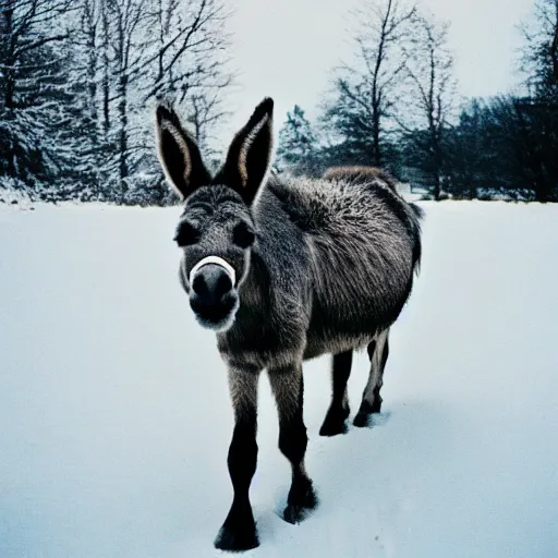 Prompt: photo of donkey walking through snow, cinestill, 800t, 35mm, full-HD