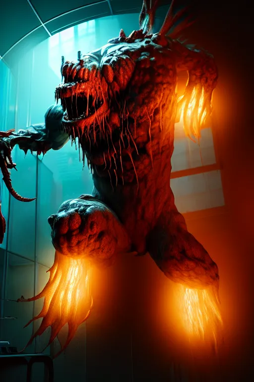 Image similar to hyper realistic mutant monster breaking out of containment chamber in science laboratory, ambient lighting, concept art, intricate, hyper detailed, smooth, dynamic volumetric lighting, octane, raytrace, cinematic, high quality, high resolution, 4 k, artstation