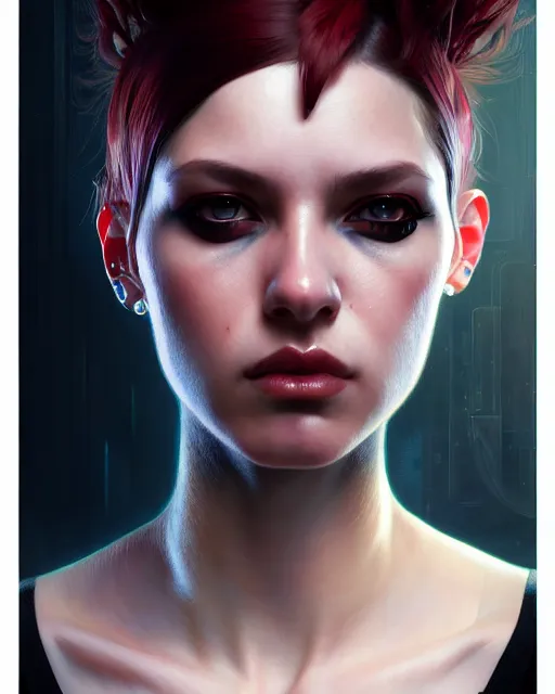 Image similar to beautiful female punk, portrait, cyberpunk, symmetry, detailed, elegant, intricate, dynamic lighting, hyperrealism, digital art, digital painting, artstation, wlop, sharp focus, illustration, art by artgerm and greg rutkowski and alphonse mucha, 8 k