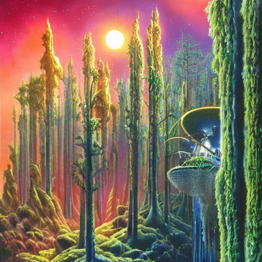 Prompt: moonlight forest in the silver serenade connects to the laced transmission symphony of the celestial psylocibin by ron walotsky and paul lehr