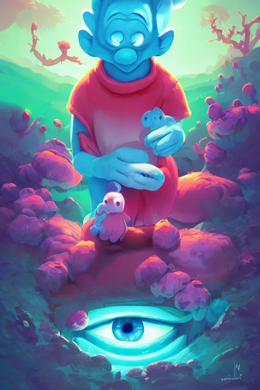 Image similar to smurf ghost creature animal sushi cristal very big eye roots cactus elemental flush of force nature micro world fluo fishscale, behance hd by jesper ejsing, by rhads, makoto shinkai and lois van baarle, ilya kuvshinov, rossdraws radiating a glowing aura global illumination ray tracing hdr