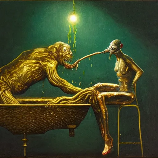 Image similar to dark green hi-tech sci-fi lab at night, realistic gustave coubert painting a hideous and sick human exposed guts crawling in two legs and dripping golden metalic fluid from intestine into a pool of golden liquid on the floor. Smokey atmosphere