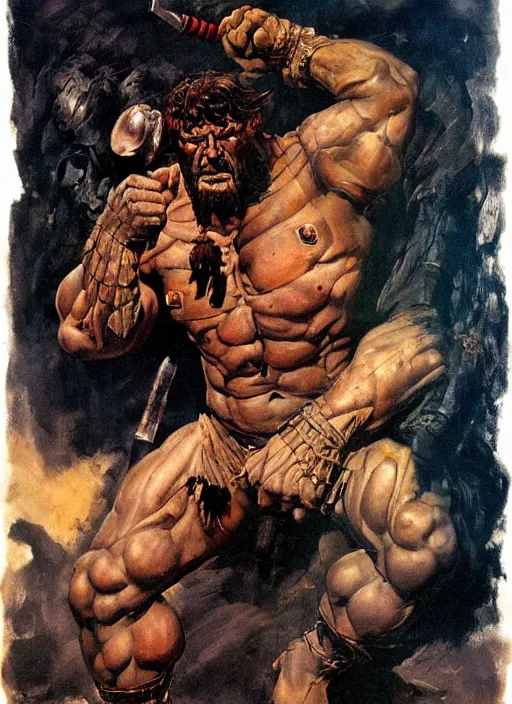 Image similar to portrait of barbarian fighting giant, coherent! by mariusz lewandowski, by frank frazetta, deep color, strong line, high contrast