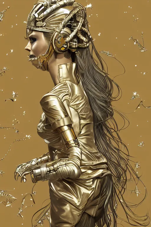 Image similar to gold and silver tones, cybernetic princess, style of moebius, james jean, mcbess, star wars, long glowing ethereal hair, cinematic, highly detailed, award winning, 8 k photorealistic