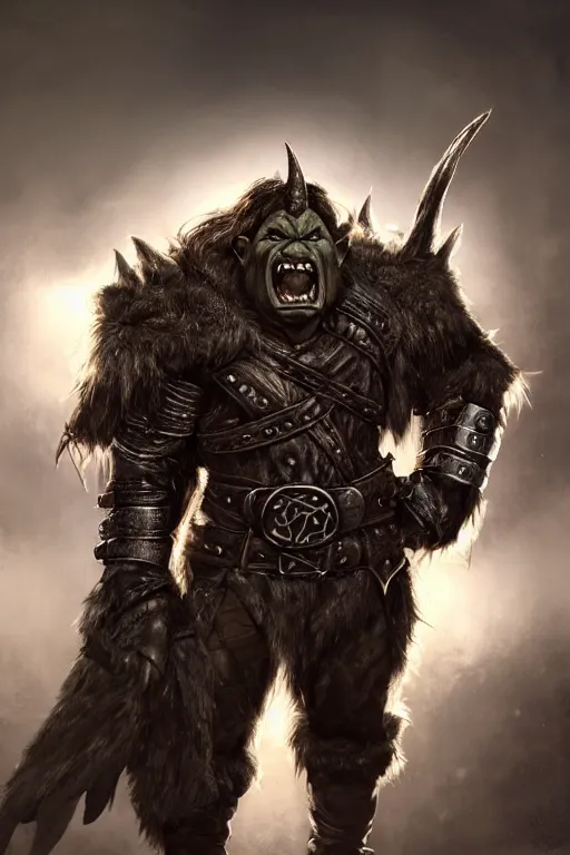 Image similar to A full body shot of a handsome orc looking into the camera wearing a leather fur jacket and boots, full body shot, detailed face, portrait, artstation, realistic, highly detailed, symmetrical, D&D, Dungeons & Dragons, hyper realistic, dynamic pose, high detail, octane render, unreal engine, 8k, fantasy art, highly detailed, concept art