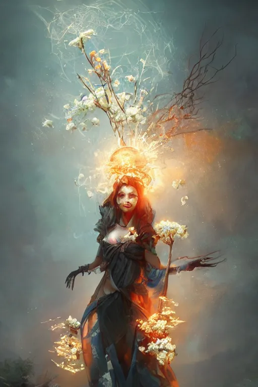 Prompt: beautiful girl necromancer, witch - doctor exploding into flowers, angels, 3 d render, hyper - realistic detailed portrait, holding electricity and birds, ruan jia, wlop. scifi, fantasy, hyper detailed, octane render, concept art, peter mohrbacher