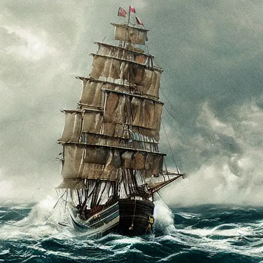 Prompt: tall ship with ripped sails caught in giant whirlpool in a hurricane. pirates of the caribbean 4 k
