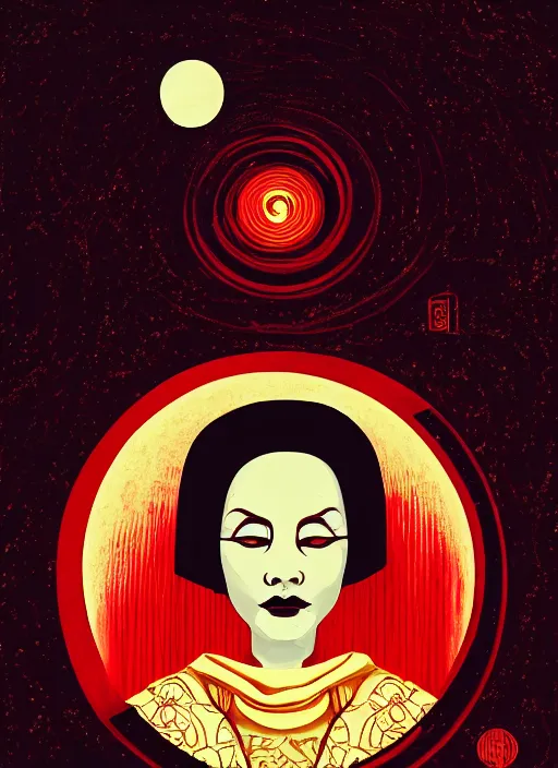 Image similar to portrait of a woman with a mask on his face in the form of a spiral in a golden kimono, full face, against the background of a bright red moon, sad motif, by shepard fairey, dramatic, soft colors, futuristic, 8 k