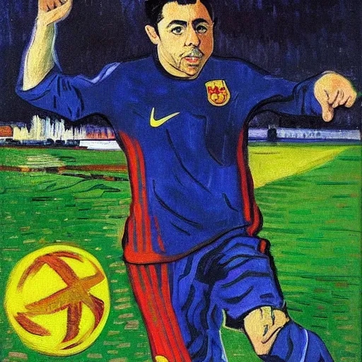 Prompt: HD painting of Xavi Hernandez by Van Gogh