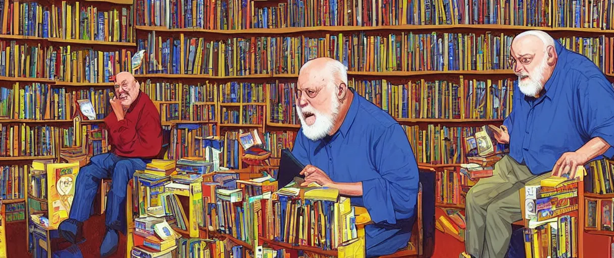 Prompt: an awesome jean giraud digital painting of robert anton wilson telling jokes at a local bookstore in the new age section