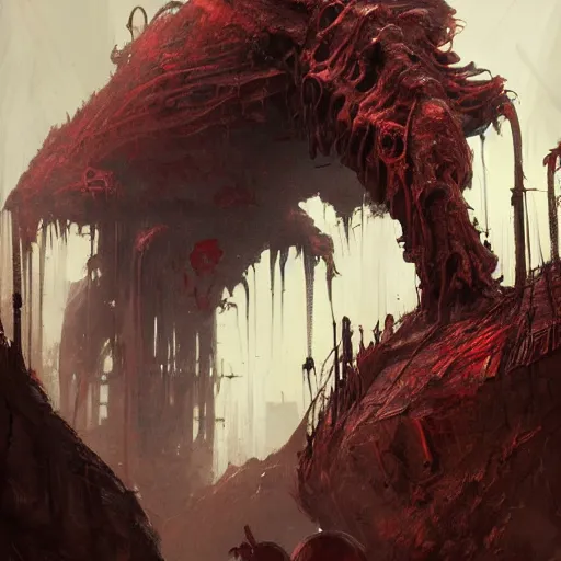 Image similar to concept art by greg rutkowski, a hideous monster made of twisted flesh and reddish ooze, claustrophobic and futuristic, brutalistic environment, scifi, detailed and intricate environment, high technology, highly detailed portrait, digital painting, artstation, concept art, smooth, sharp foccus ilustration, artstation hq.