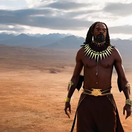 Image similar to film still of Snoop Dogg as T’Chala in the new Black Panther movie