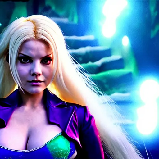 Image similar to cinematic scene with elisha cuthbert as jolyne from jojo's bizarre adventure, live action film, stone ocean, dramatic, small details, volumetric lighting, still frame