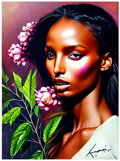 Image similar to portrait of jasmine tookes with a floral background : : painted by artgerm, karol bak, artur bordalo, sandra chevrier : : portrait, character, illustration, hyperrealism, photorealism