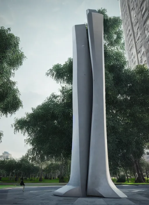 Prompt: highly detailed realistic architecture 3 d render of a huge high futuristic concrete stele sculpture in zaha hadid style standing in city park, archdaily, made in unreal engine 4 octane render