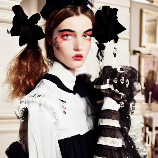 Image similar to close up of a fashion model with french maid dress, official valentino editorial, highly detailed