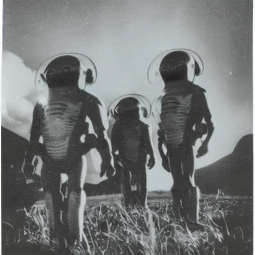 Image similar to polaroid photograph of aliens visiting earth, 1 9 5 0