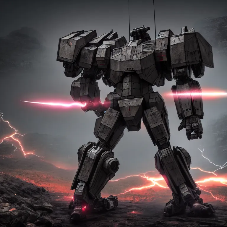 Prompt: hyper detailed 8 k cg cinematic still, rendering with volumetric lightning and ray tracing, show case of full body aggressive armored core, weathering armor plating, decipticon armor plating, aggressive head, endoekeleton exposure