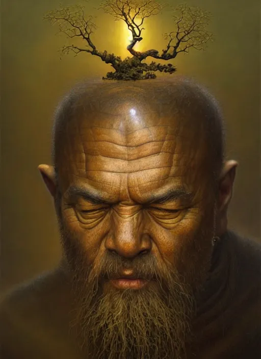 Image similar to monk with a bonsai growing out of his head, intricate, rim light, extremly detailed oil painting, by tomasz alen kopera, cgsociety and fenghua zhong, highly detailed, art, cinematic lighting, very coherent, hyper realism, high detail, 8 k