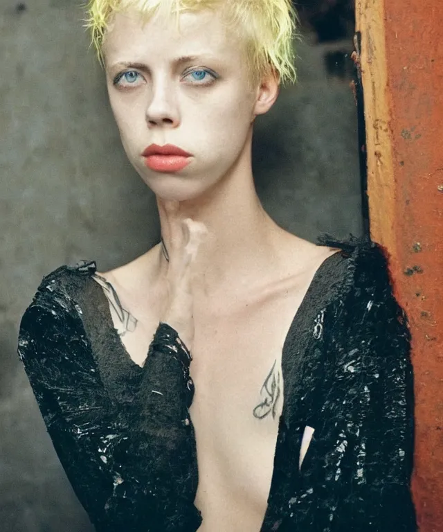 Image similar to a color photograph of edie campbell, bleached blonde short hair, by nan goldin, intense, bold, hyperrealistic, ultra sharp, extra details, ultra high quality, trending on pinteresst