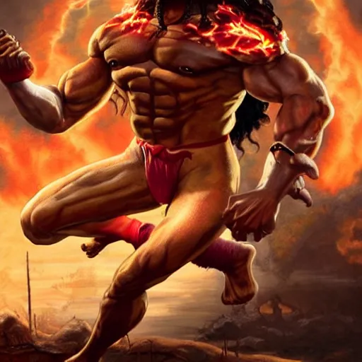 Image similar to jason momoa as dhalsim street fighter, sitting and floating in mid air, surrounded by fire, ultra realistic, concept art, intricate details, highly detailed, photorealistic, octane render, 8 k, unreal engine, art by frank frazetta, simon bisley, brom