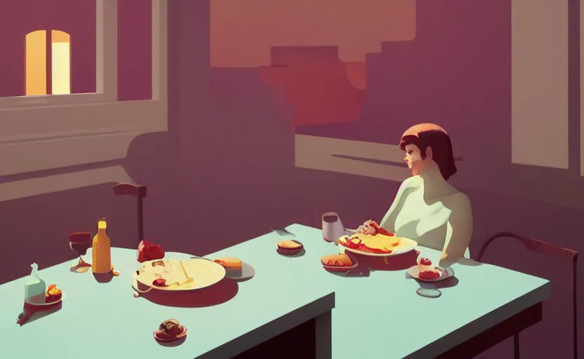 Prompt: eating in heaven, surreal illustration, by atey ghailan and escher and edward hopper,